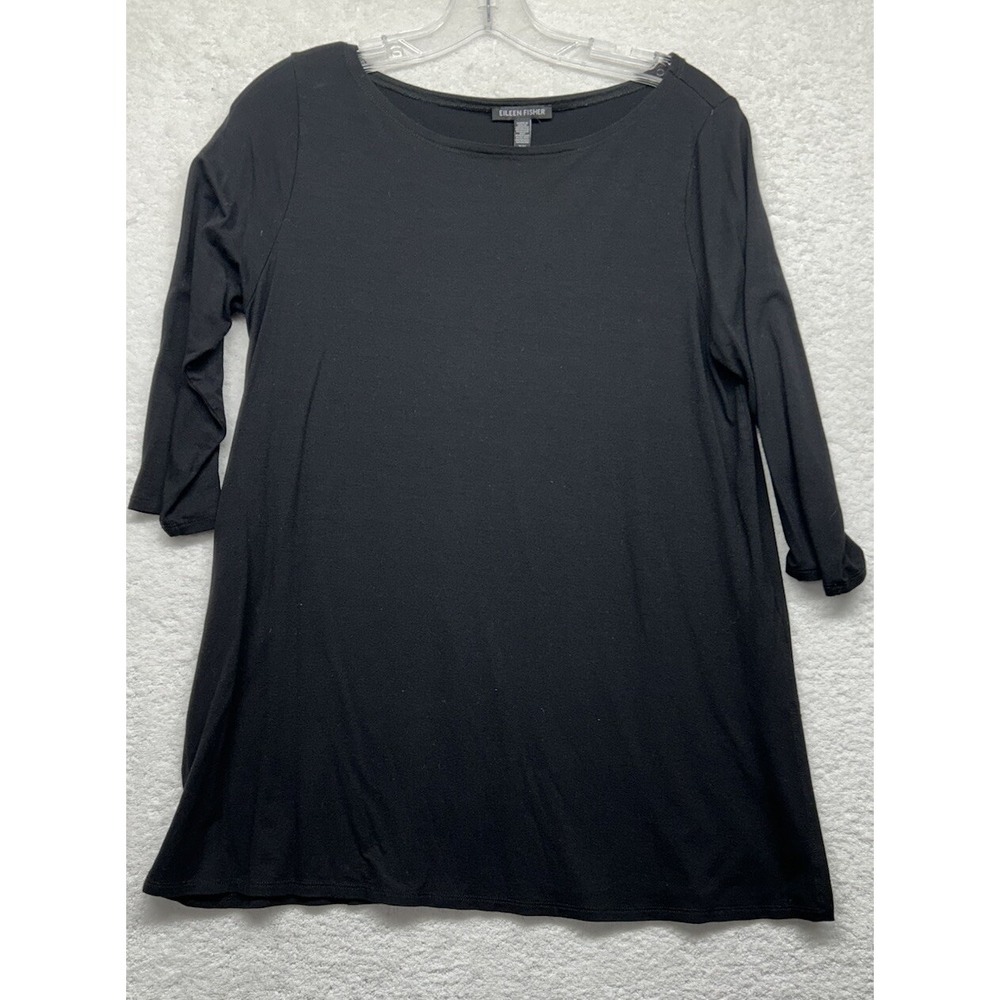 Eileen Fisher Womens Size M Black 3/4 Sleeve Scoop Neck Viscose Tunic Top (L5)